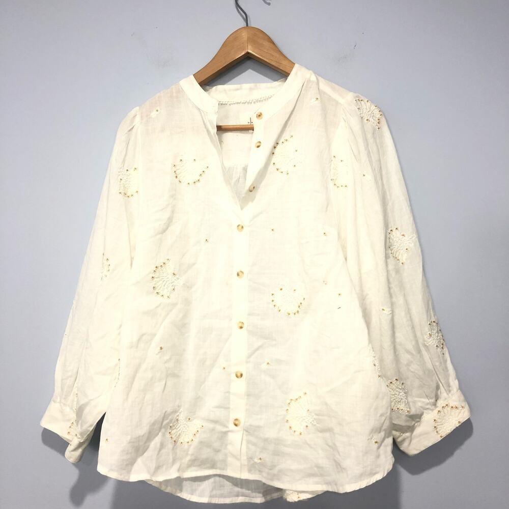 Anthropologie Embroidered Linen Button Down Long Sleeve Shirt Size M